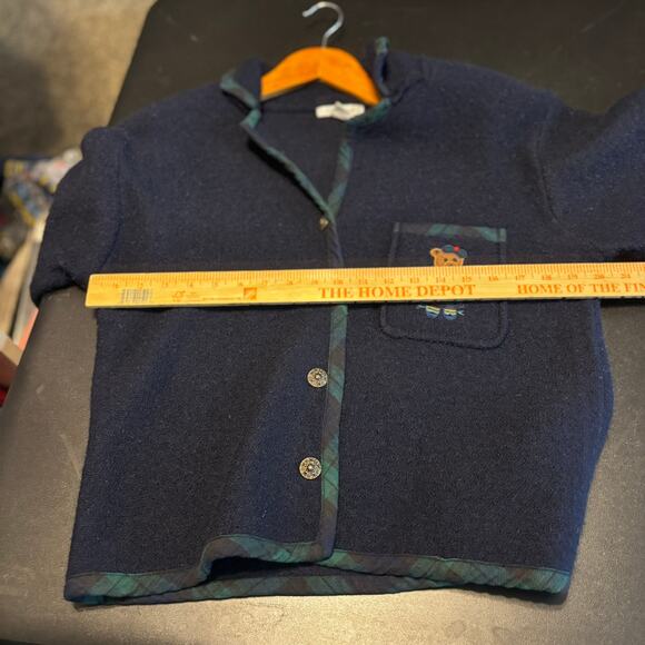 Vtg Robin Sinkler Wool Cardigan Sweater Size Small Navy Bear Applique Button Up - Picture 6 of 6